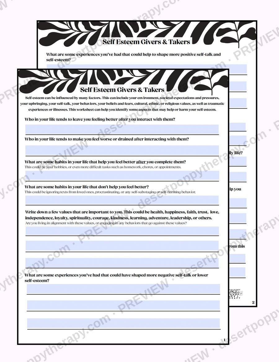 Self Esteem Givers & Takers fillable version preview